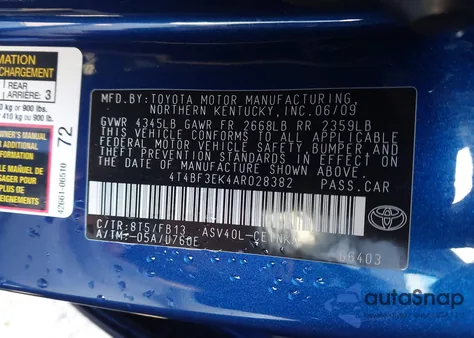 2010 Toyota Camry z USA, uszkodzony, nr VIN 4T4BF3EK4AR028382